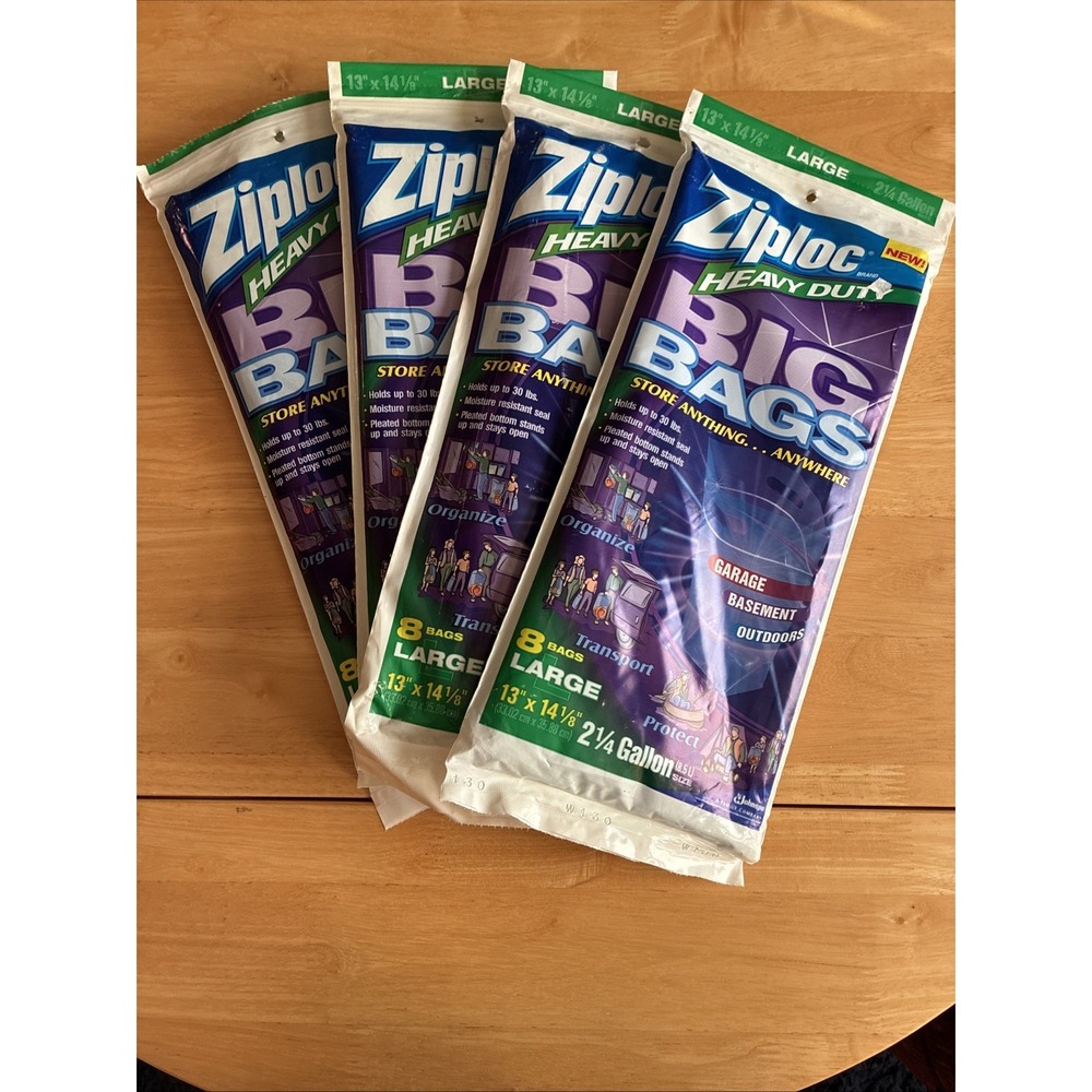 Ziploc Heavy Duty LARGE 8 Count Big Bags 2  1/4 Gallon Lot Of 4 NOS Discontinued